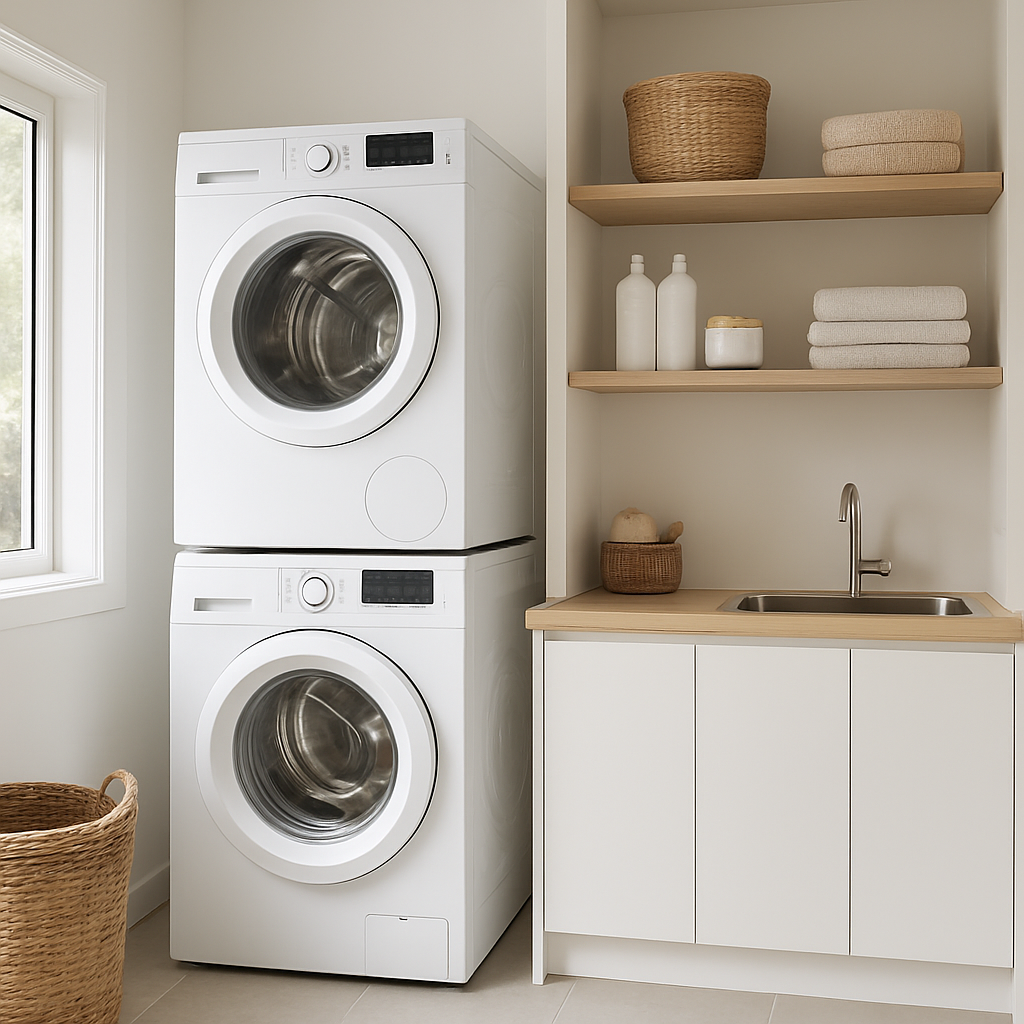 Stacked front load washing machine and dryer in Auckland home laundry room