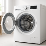 Front load washing machine NZ with open door in Auckland laundry room