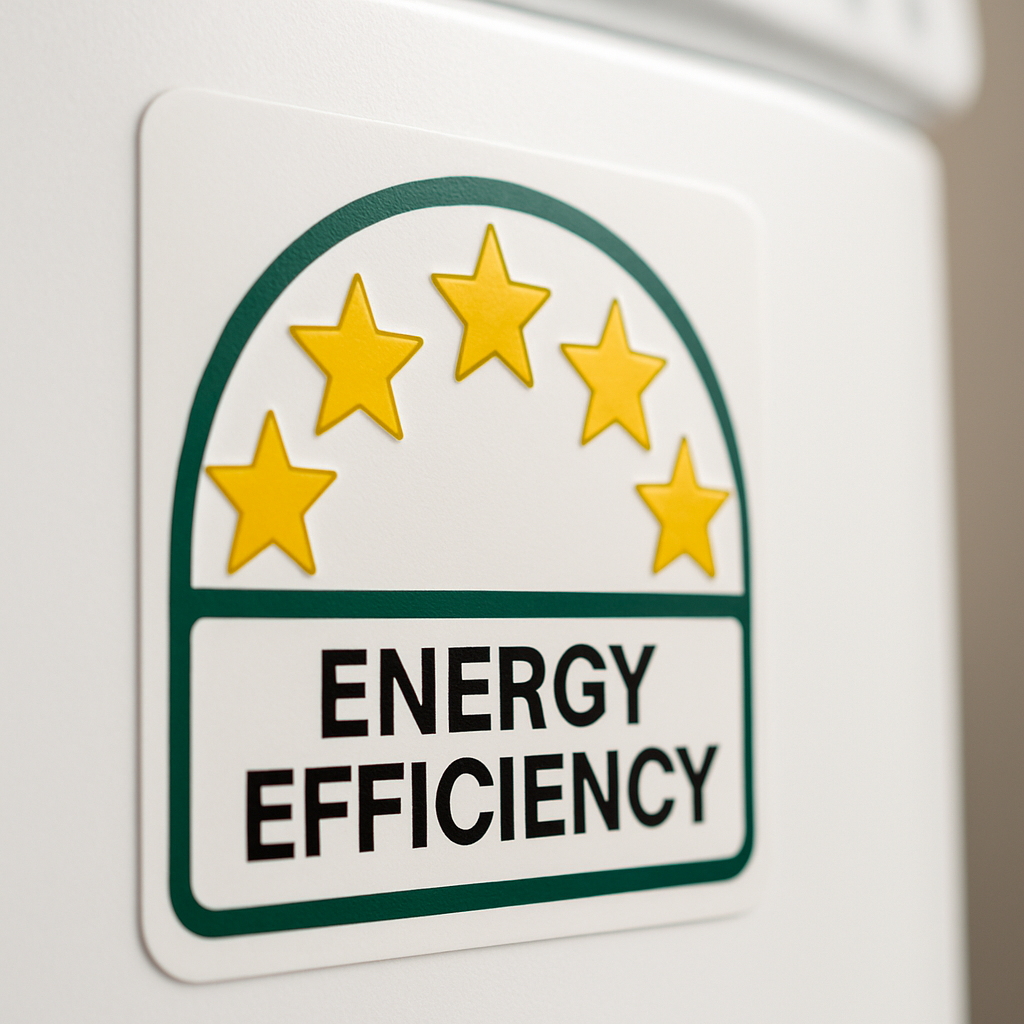 Washing machine energy star rating label NZ on white appliance